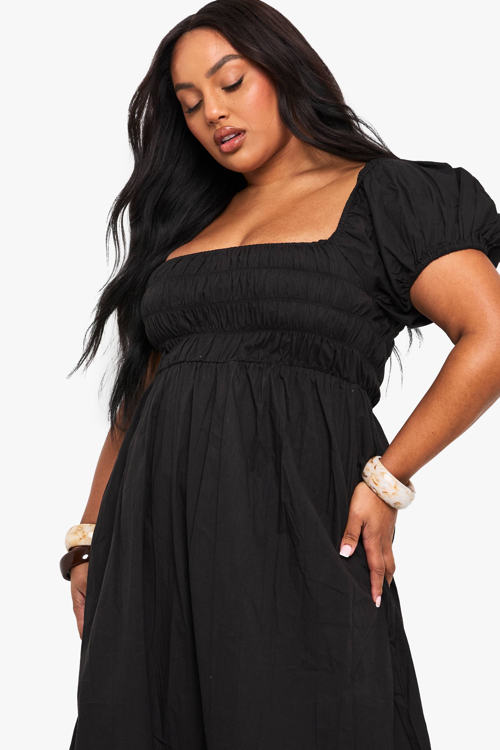 boohoo Robe Maxi Grande Taille En Popeline De Coton À Manches Bouffantes