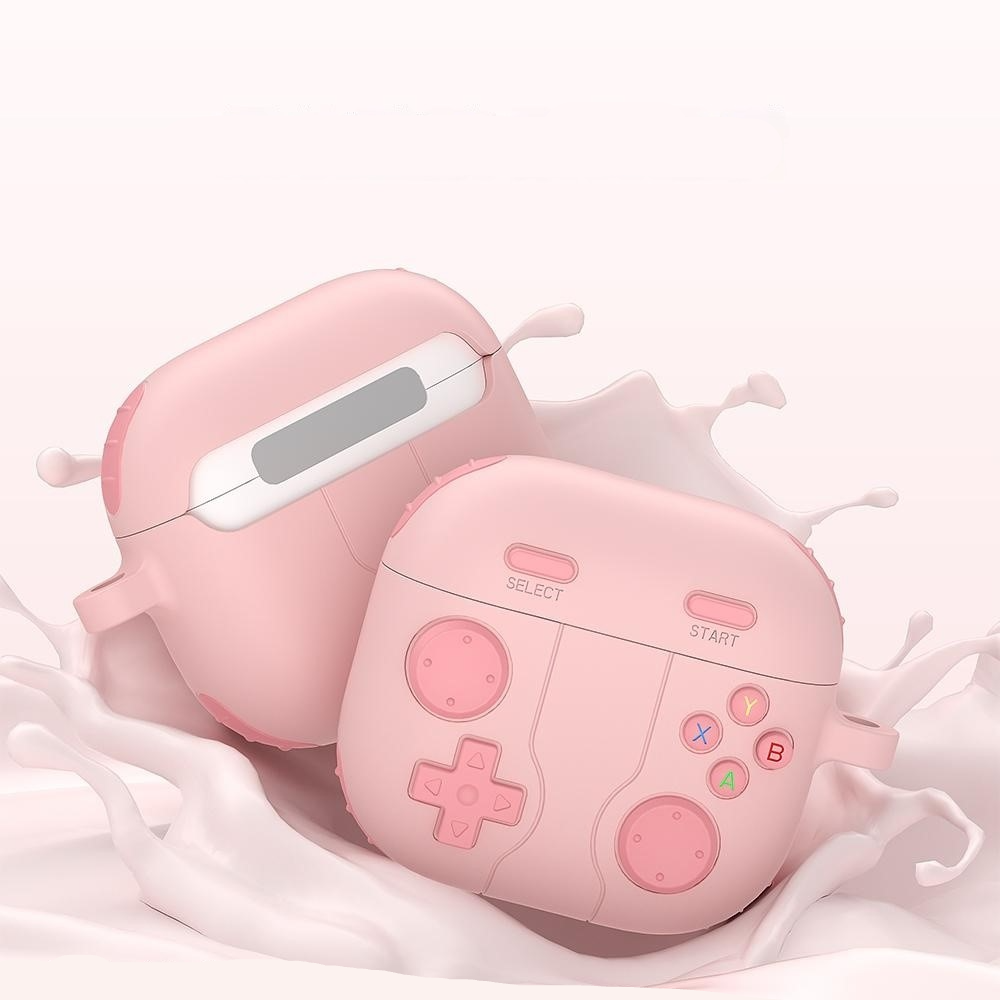 AirPods 4 Gummi Schutzhülle Retro Spielekonsole Abdeckung mit Karabinerhaken - Rosa