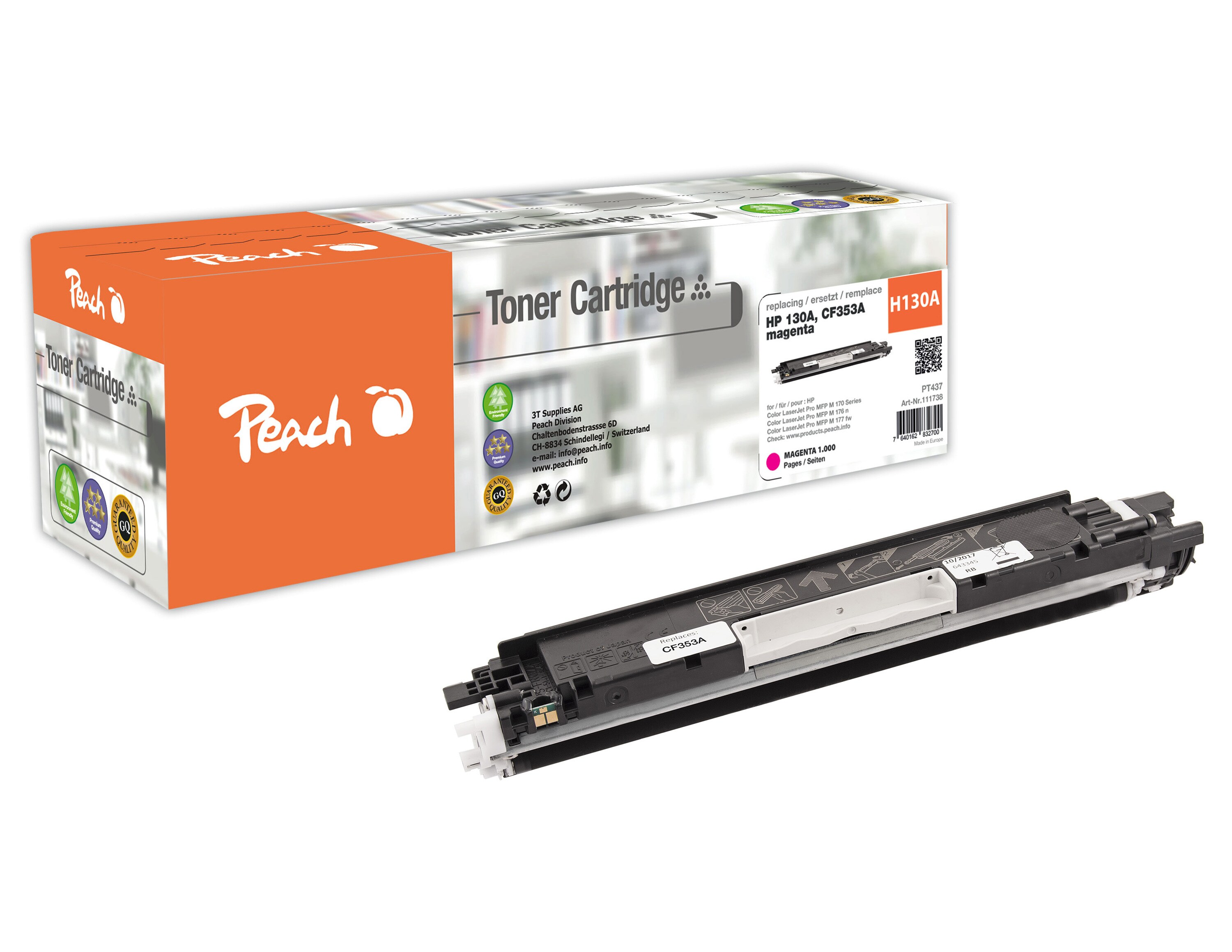 Peach HP 130 AM Toner ma ersetzt HP No. 130A M, CF353A für z.B. HP Color LaserJet Pro MFP M 176 n, HP Color LaserJet Pro MFP M 177 fw (wiederaufbereitet)