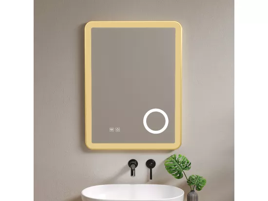 Miroir salle de bain LED 50x70cm anti buée avec cadre en aluminium doré et loupe x3 LB-4685G