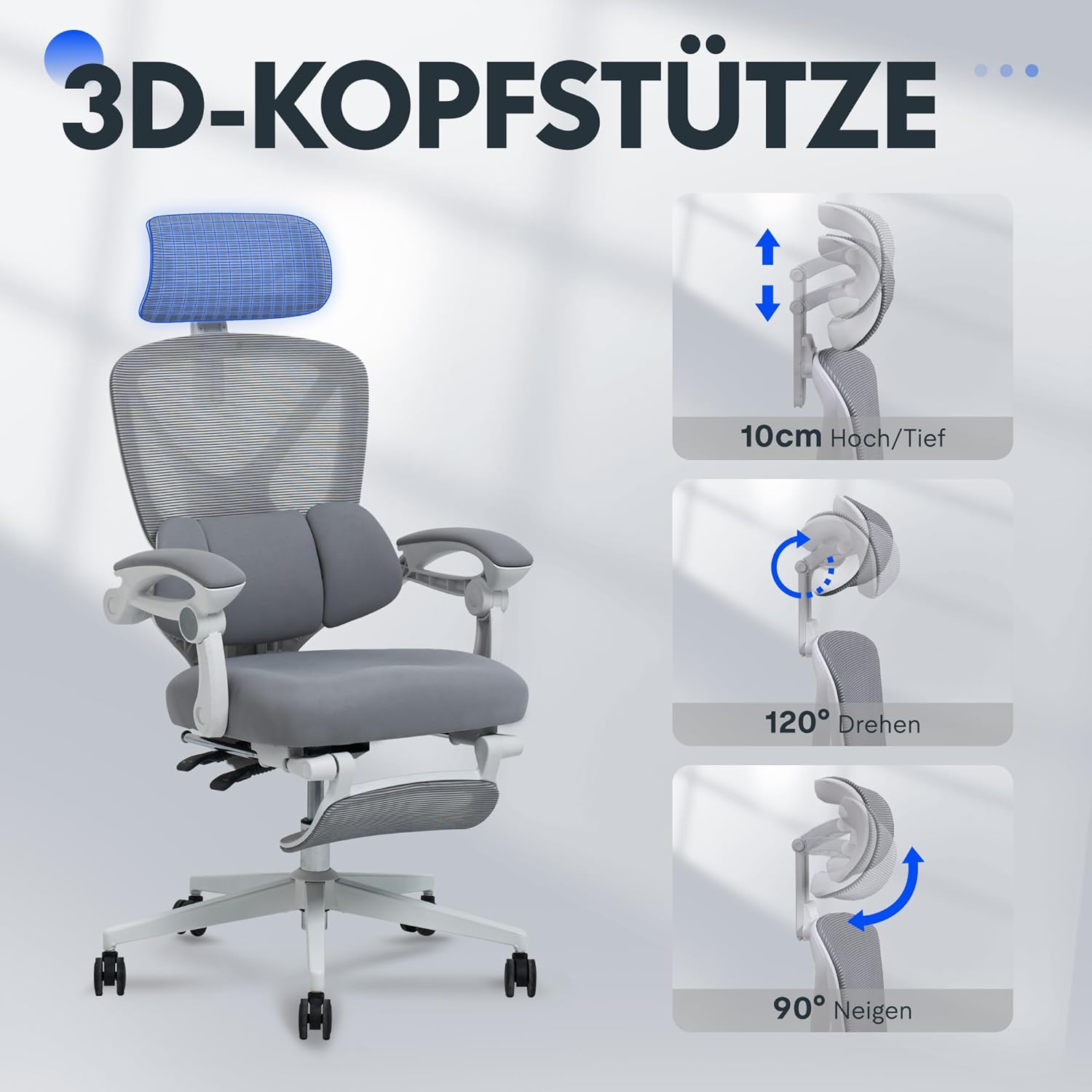 FLEXISPOT Ergonomischer Bürostuhl, X-förmiger Schreibtischstuhl mit 135°-Neigung, Gekoppelte Armlehnen mit zonenweise Einstellbarer Lendenstütze, Drehstuhl mit Fußstütze, 3D-Kopfstütze, Weiß-Grau MB8503814