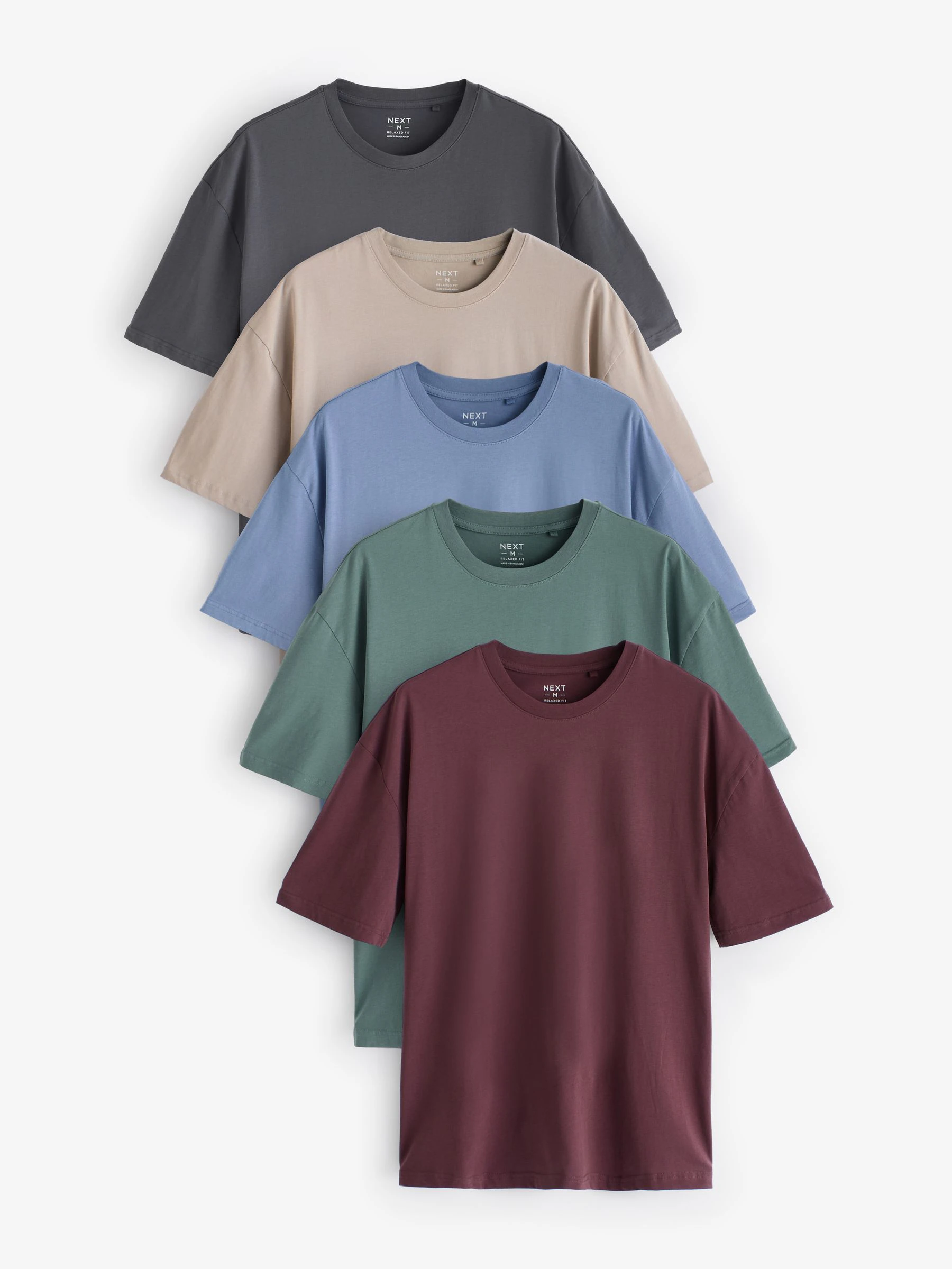 Blauw/Groen/Paars/Naturel - Essential Cotton T-Shirts Relaxed Fit 5 Pack