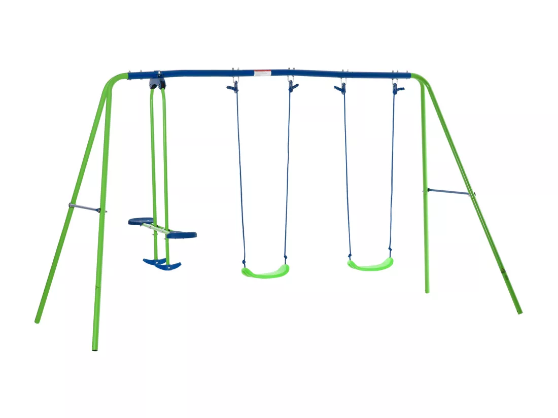 Balançoire 3 agrès portique avec 2 balançoires et face à face dim. 2,8L x 1,4l x 1,78H m métal époxy anticorrosion PE vert bleu
