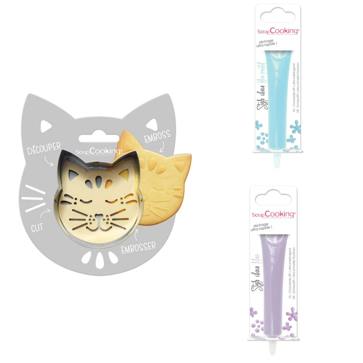 Kit pour biscuit en relief Chat + 2 Stylos au chocolat bleu pastel et