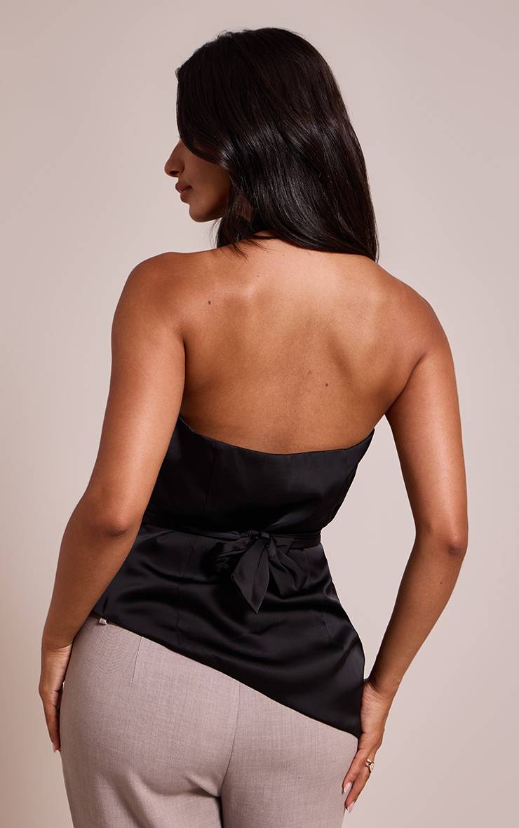 Noir Haut Petite En Satin Froncé À Col Bénitier Avec Détail Noué