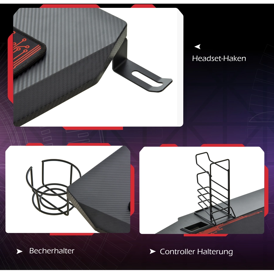 HOMCOM Gamingtisch mit Headset-Haken und Getränkehalter rot, schwarz