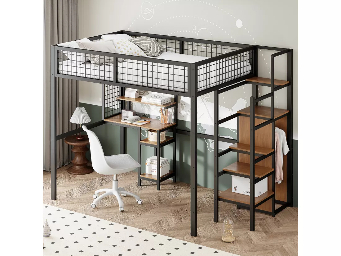 Lit mezzanine 140 x 200 cm avec bureau, étagères de ragement et armoir ouvert - Métal et bois MDF - Coloris noir