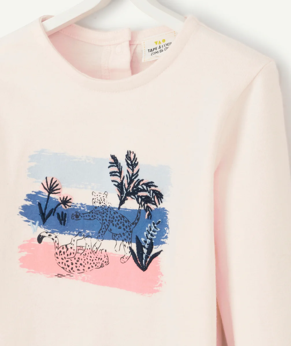 T-SHIRT BÉBÉ FILLE ROSE PÂLE EN COTON BIO AVEC MOTIF JAGUAR