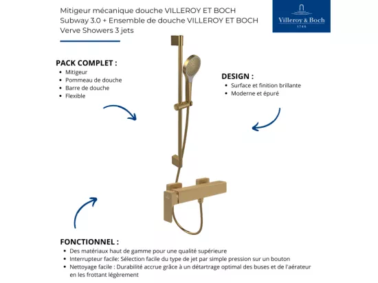 Mitigeur mécanique douche VILLEROY ET BOCH Subway 3.0 + Ensemble de douche Verve Showers 3 jets Or brossé