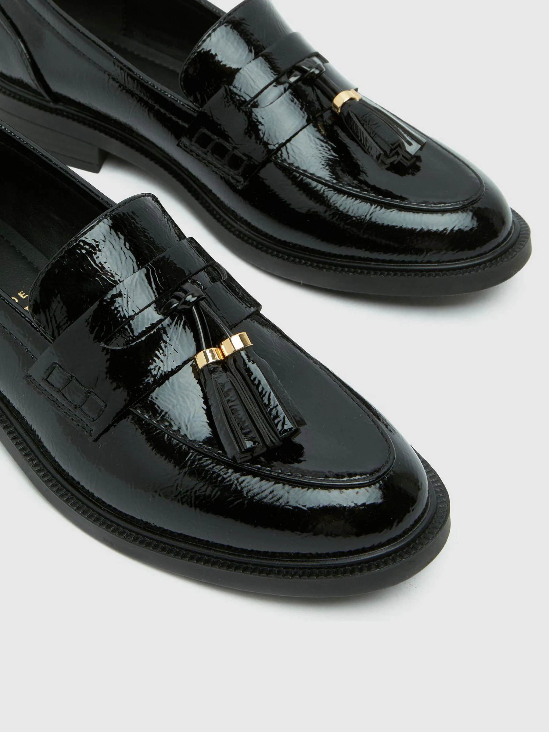 Schuh Black Wide Fit Layne Patent Tassel Loafers