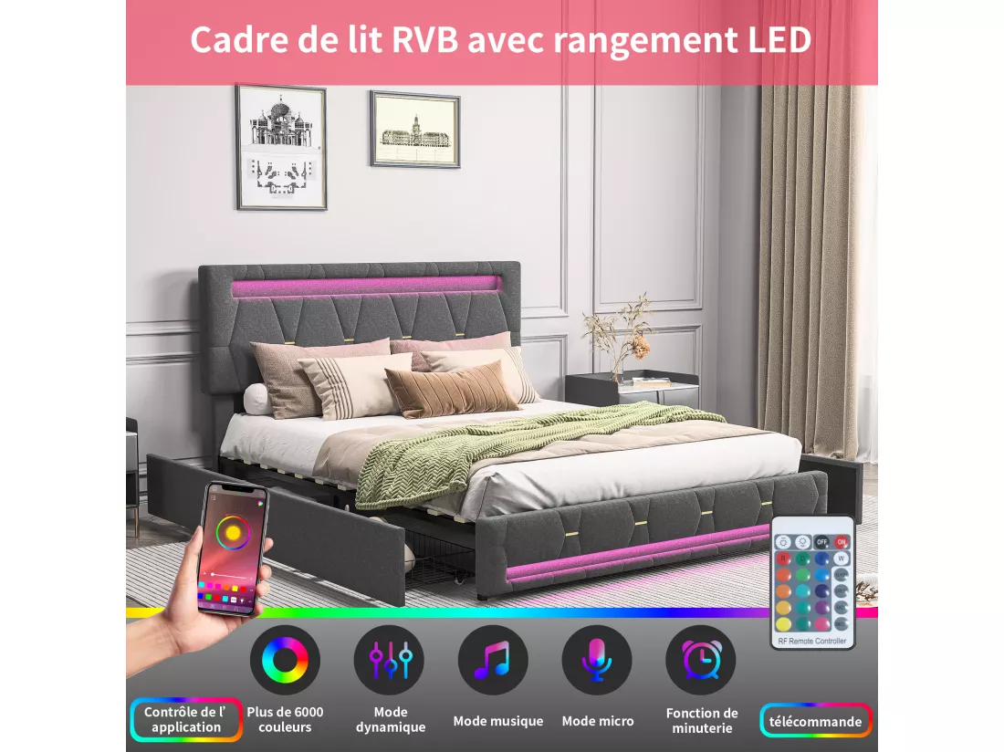 Lit 140x200cm avec 4 tiroirs + LED + sommier à lattes - lin - Gris