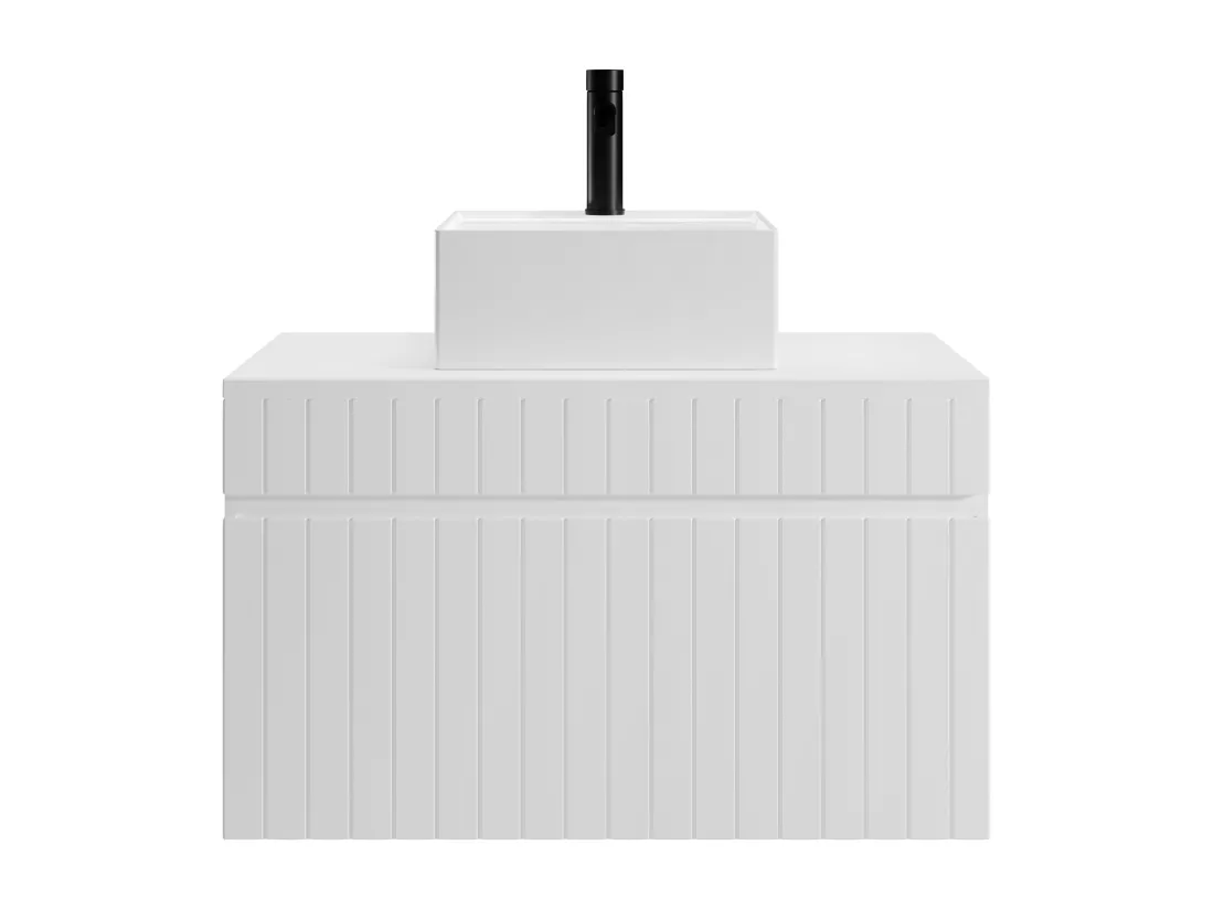 Meuble de salle de bain suspendu strié blanc avec vasque carrée à poser - 80 cm - SATARA