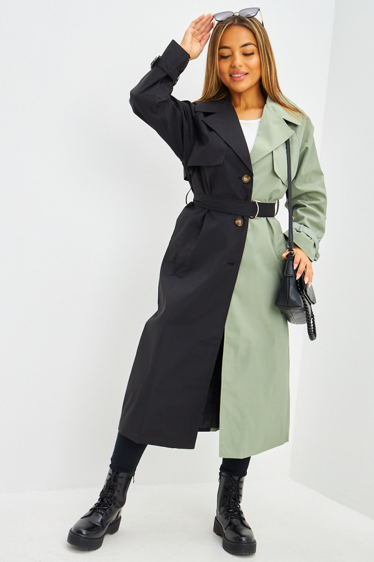 Trench long bicolore noir et kaki