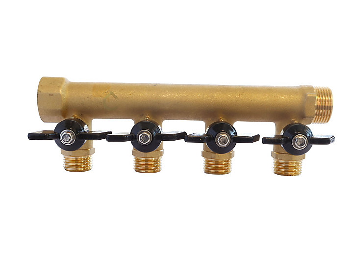 Collecteur laiton avec mini-vannes intégrées 4 départs M15/21 - Entrée F20/27 - Sortie M20/27 Somatherm for you