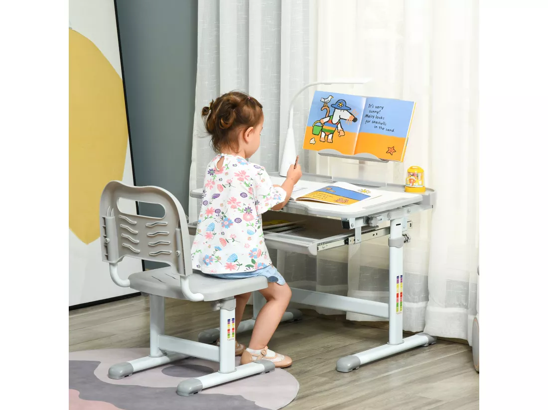 HOMCOM Bureau enfant avec chaise - ensemble bureau et chaise réglable - lampe, support de lecture, tablette coulissante multi-rangement - gris blanc
