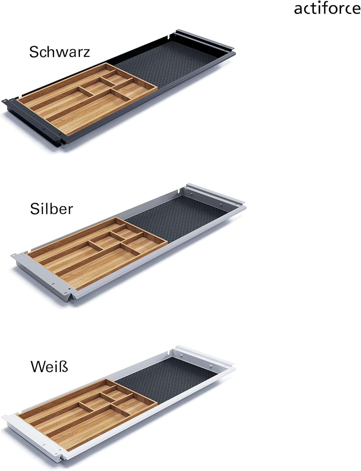 ACTIFORCE® Premium Untertischschublade extrabreit | Herausnehmbare Bambuseinlage | schwarz, Silber, weiß | Einfacher Unterbau, die perfekte Schreibtischschublade für deinen Schreibtisch