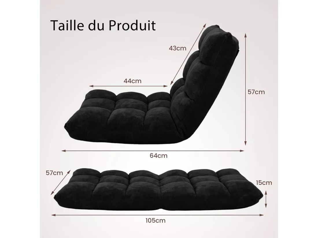 Canapé Paresseux Tatami Pliable Chaise de Plancher Coussin de Chaise de Lit Siège de Sol pour Maison, Bureau 105 x 57 x 15 cm (Noir)