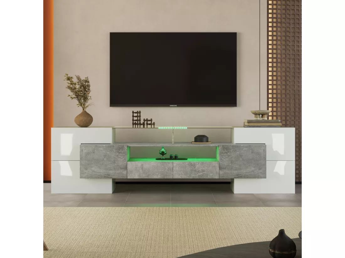 Meuble TV - 200x38x48cm LED brillant blanc et gris - finition verre - 4 portes de rangement 2 tiroirs 3 compartiments - gris