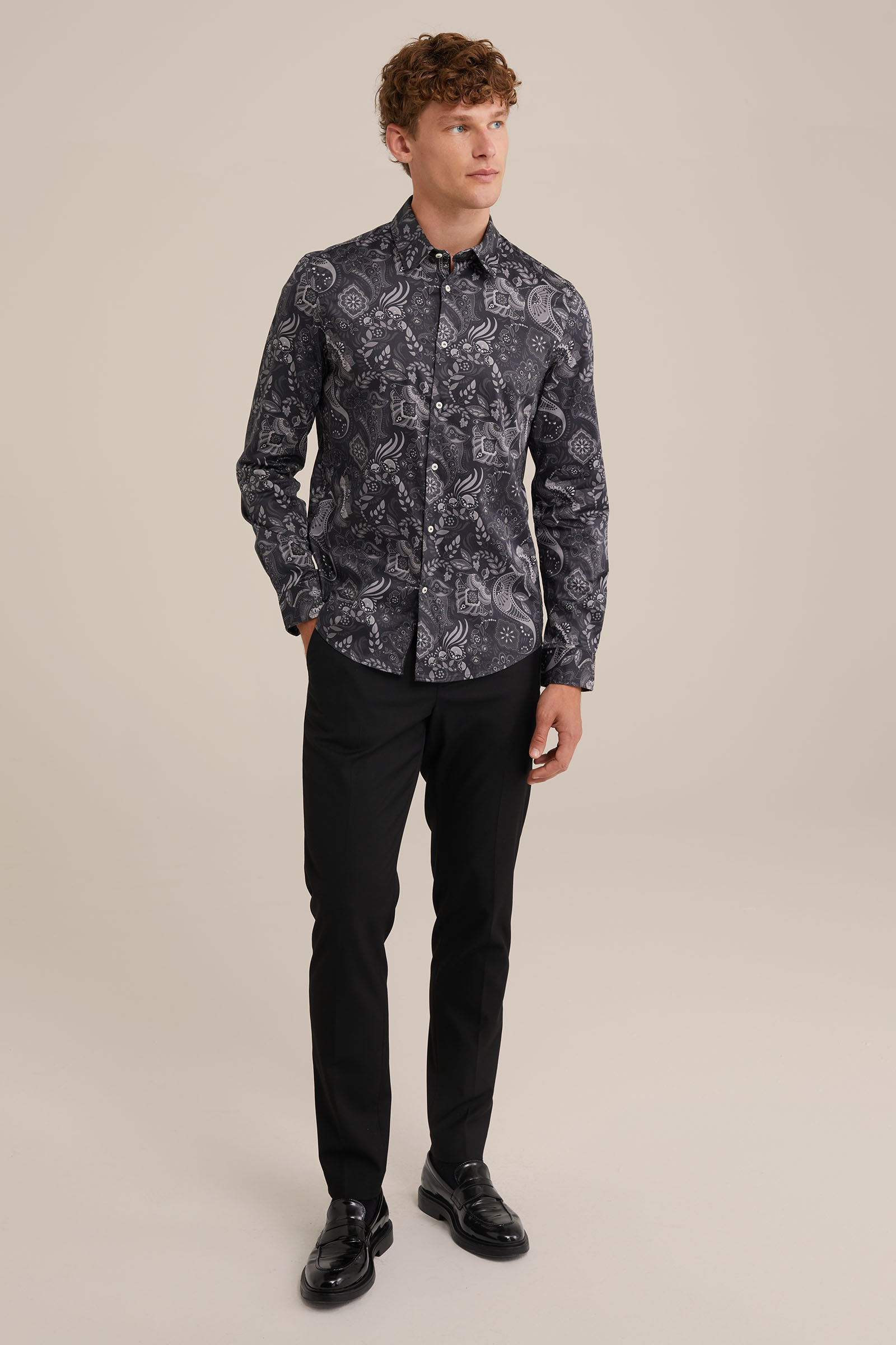 satijn look overhemd met print WE Fashion Donkergrijs