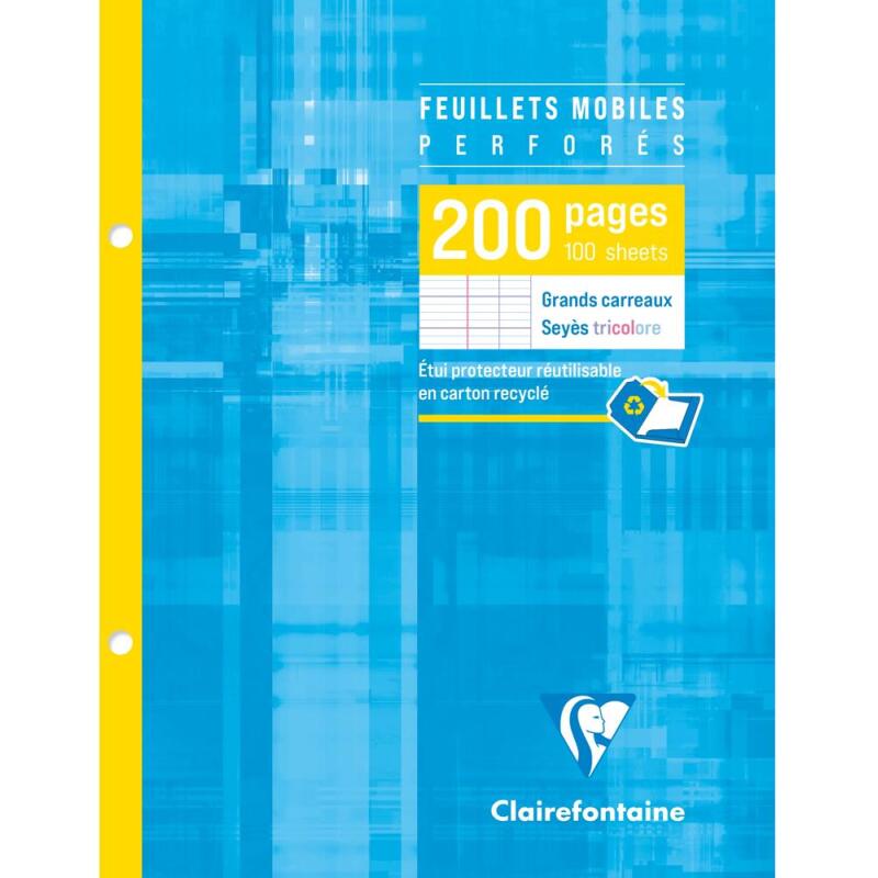 Feuillets mobiles sous étui 17x22 cm 200 pages perforées 2 trous grands carreaux