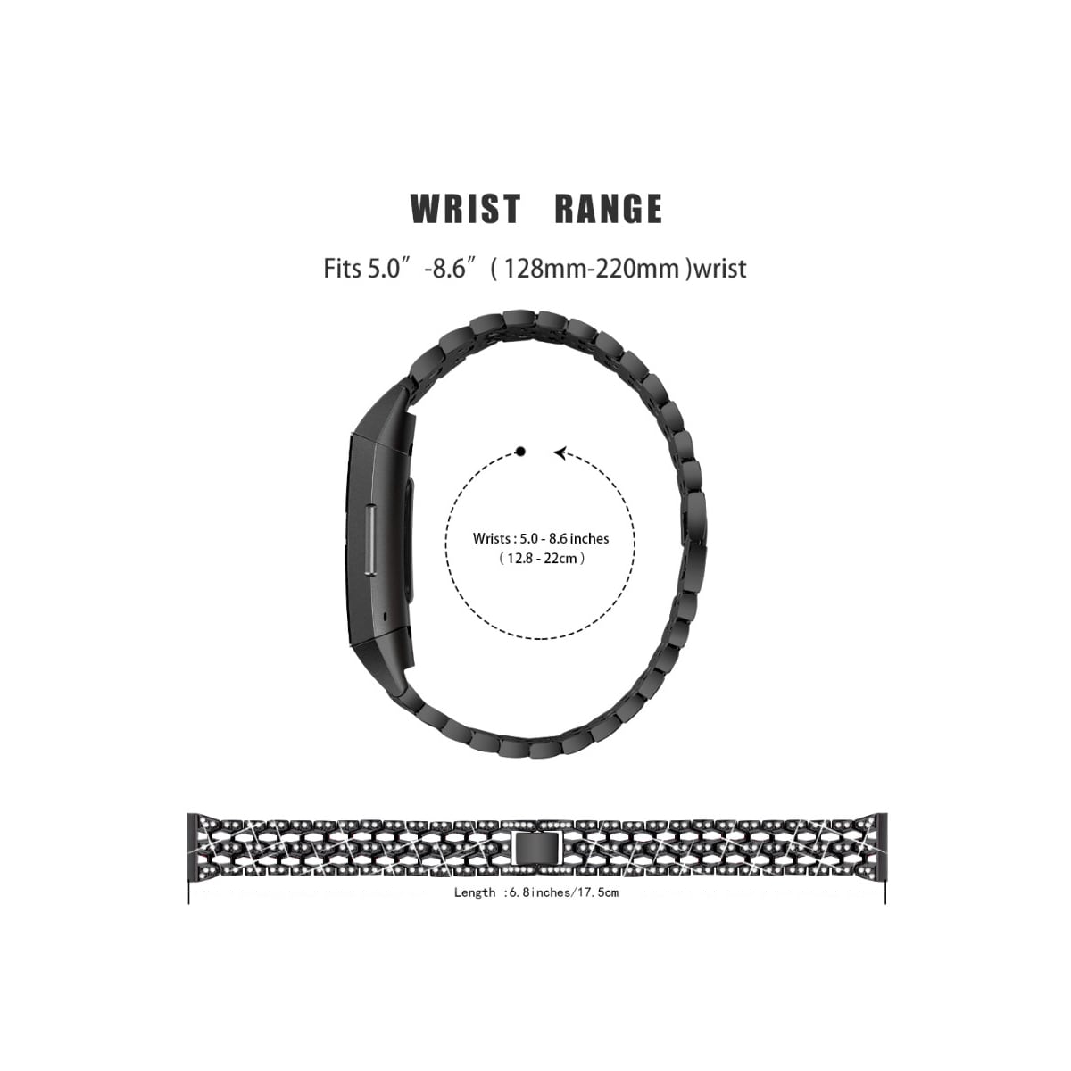 Fitbit Charge 3/4 metallarmbånd med rhinestones Black/Crystal