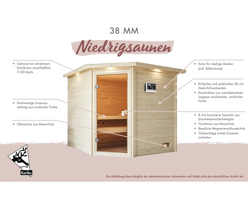Karibu Antonia blokhutsauna zonder kachel en dakkroon, met gebronsde volledig glazen deur