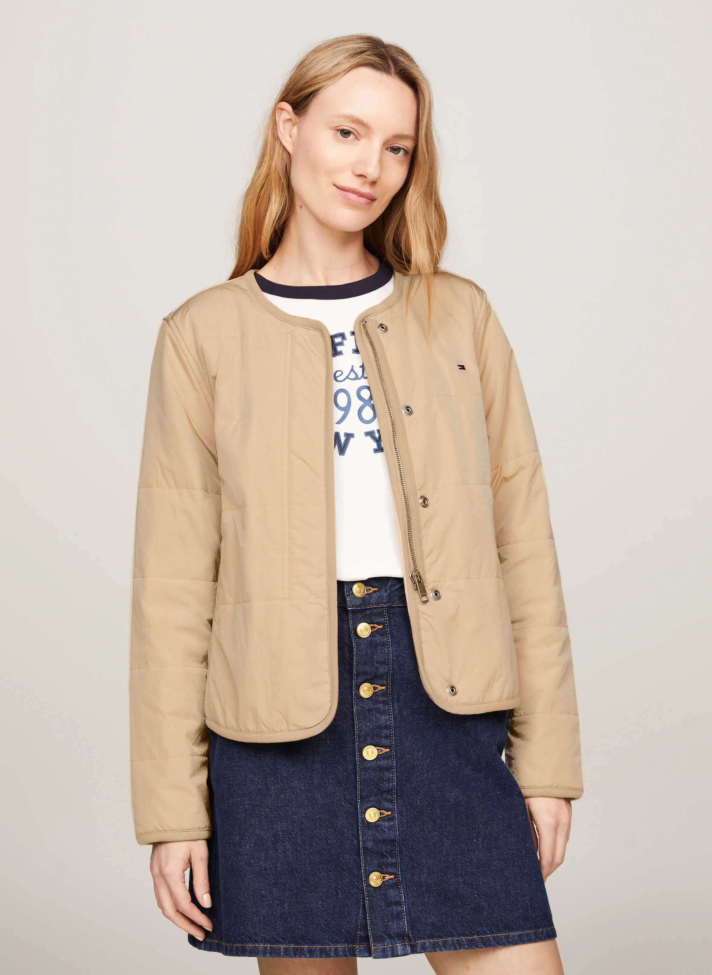 Doudoune sans col droite en fibres recyclées | Beige