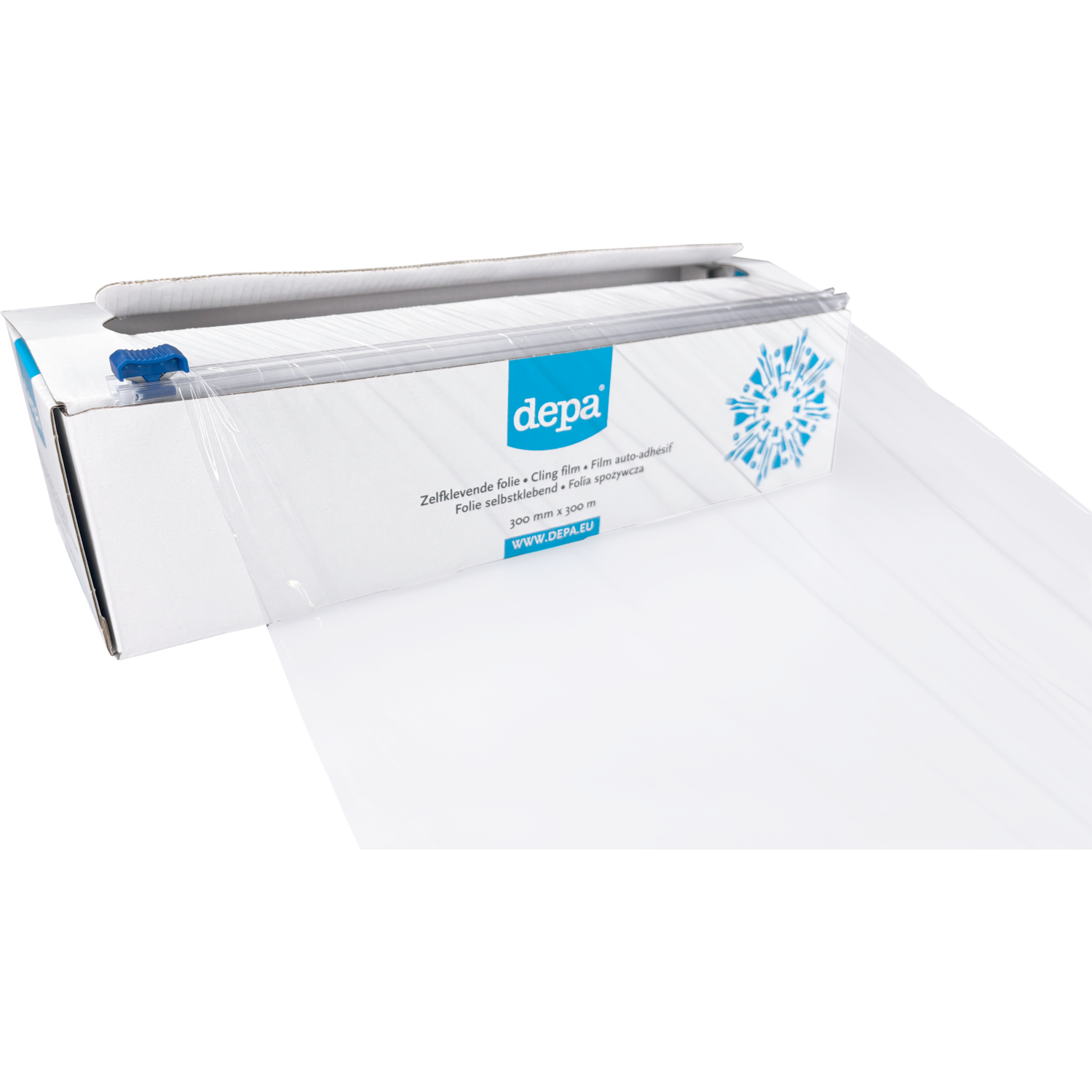 Depa Folie, zelfklevend, op rol/dispenserdoos, PVC, 30cm, 300m, 8my, transparant