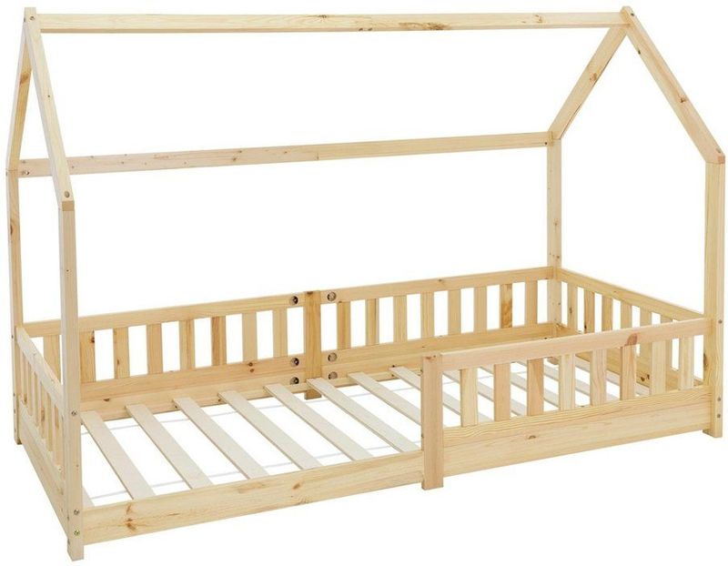 ML - Kinderbed Huisbed - Grenenhout - Incl. Matras - Uitvalbescherming - Dakframe