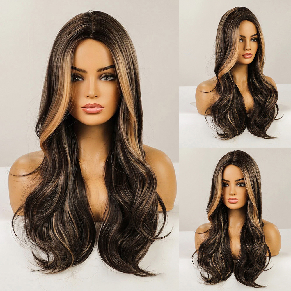 (60cm) Lange Kunsthaar Perücke Synthetic Wig Perücke Gestuft mit Strähnen - Braun / Blond