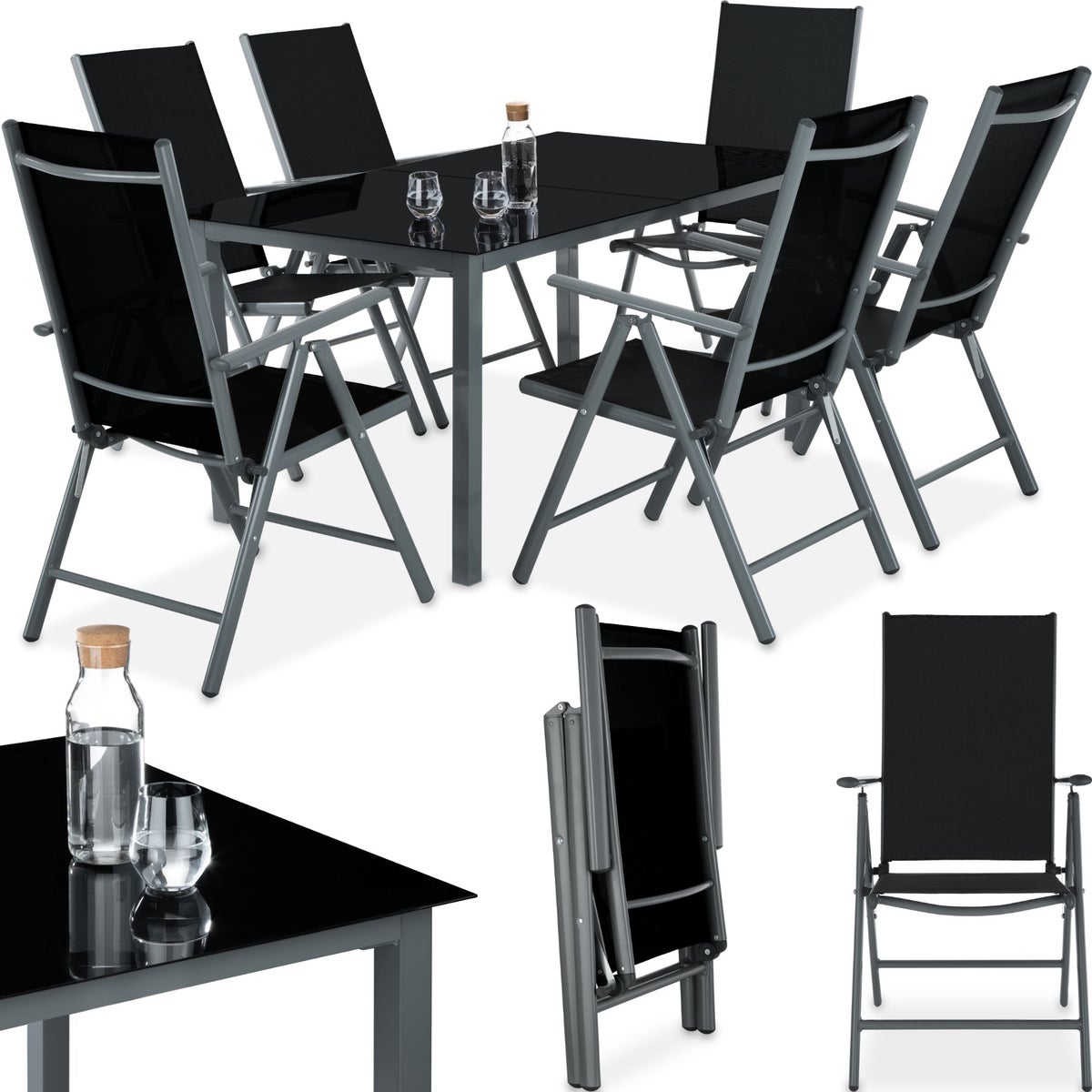 tectake Ercolano zitgroep met aluminium frame, voor 6 personen, tafel met veiligheidsglasplaat en stelschroeven