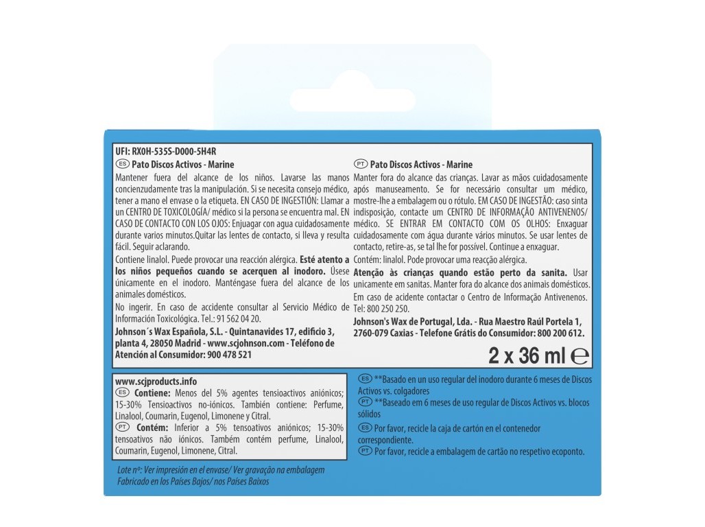 BLOCO SANITÁRIO DISCOS PATO RECARGA ÁGUA AZUL 2X36ML