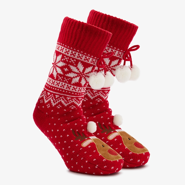 1 paar dames kerstsokken met Rudolf en pompons