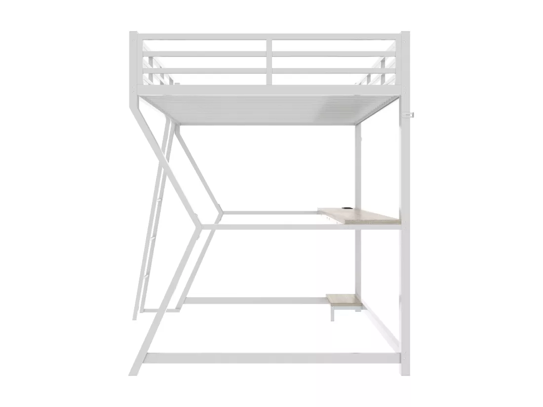 Lit mezzanine 90 x 200 cm avec bureau, prise+USB et étagères - Lumière d'ambiance - Métal - Blanc (sans matelas)
