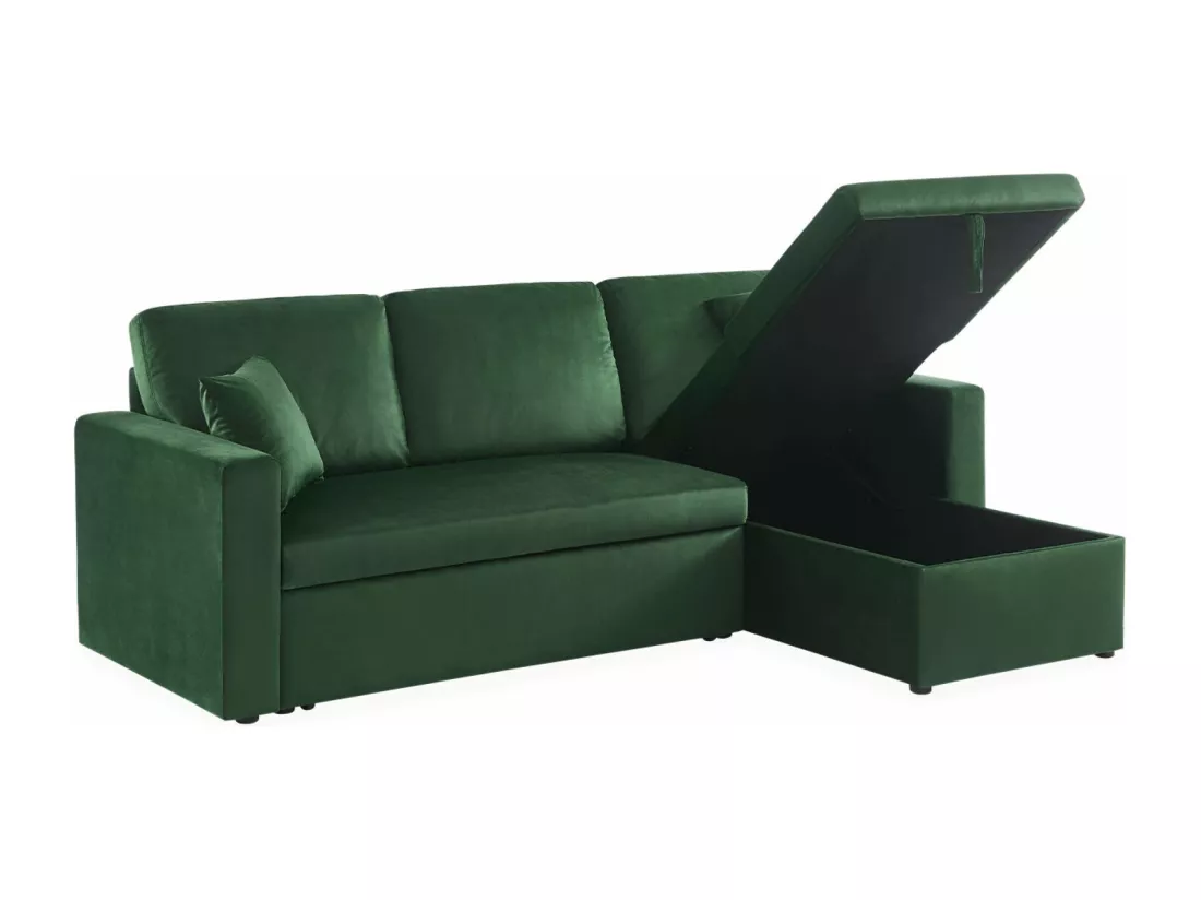 Canapé d'angle convertible en velours vert anglais 3 places. fauteuil d'angle réversible coffre rangement lit modulable