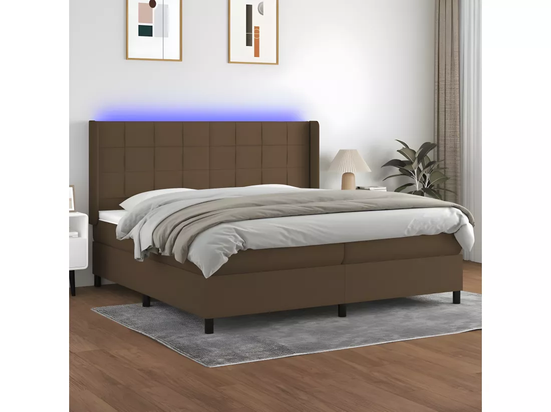 Sommier tapissier matelas et LED Marron foncé 200x200 cm Tissu
