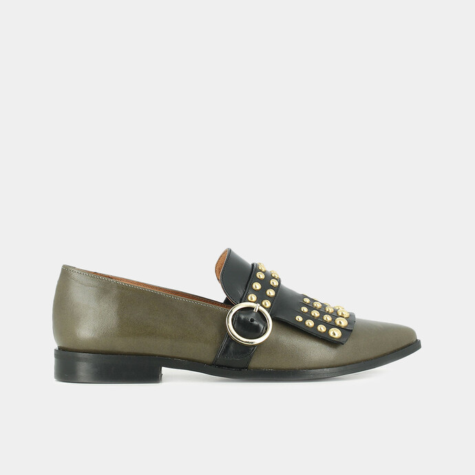 Mocassins à boucles et pattes frangées  en cuir kaki