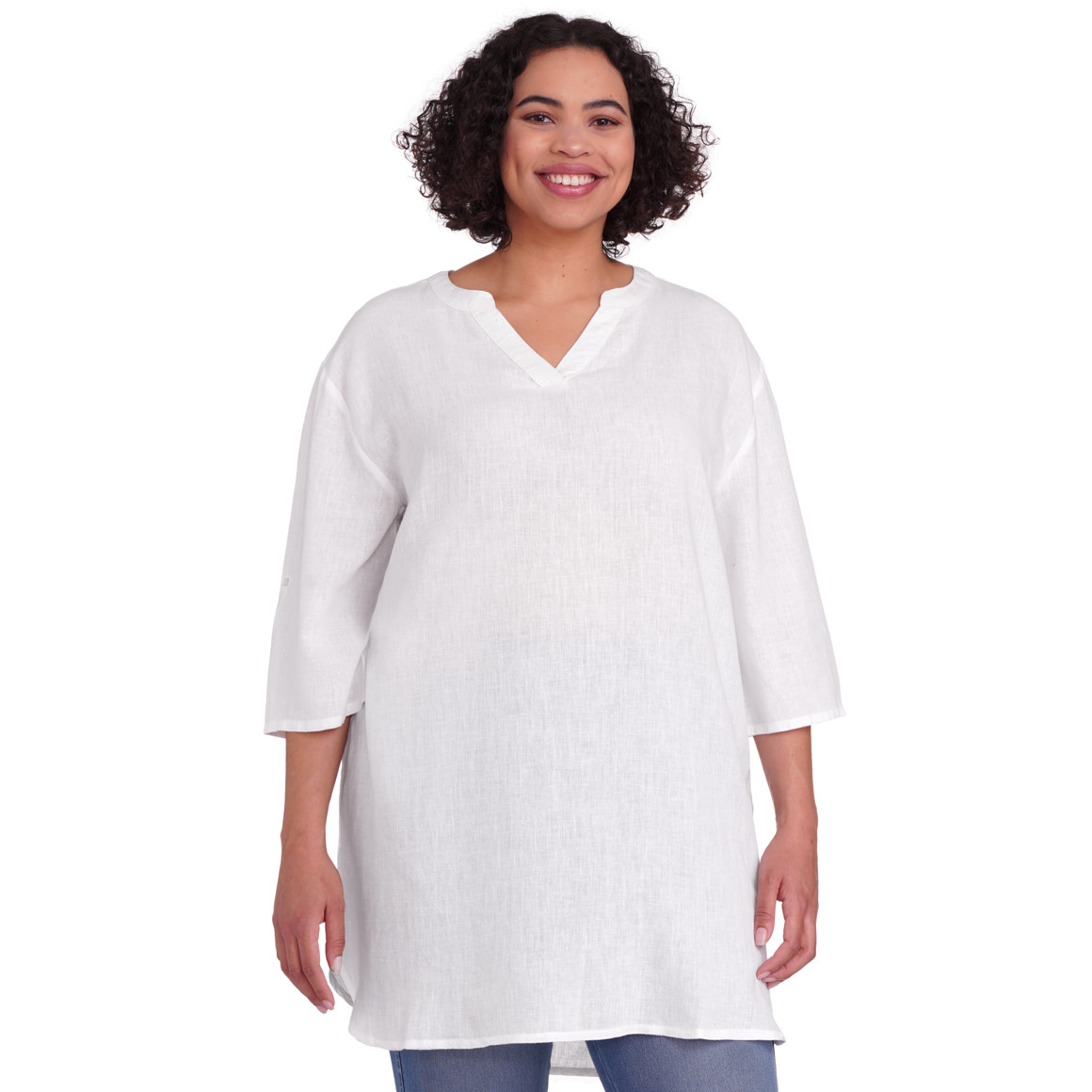 Gina Benotti Damen Leinen-Longbluse mit V-Ausschnitt weiss