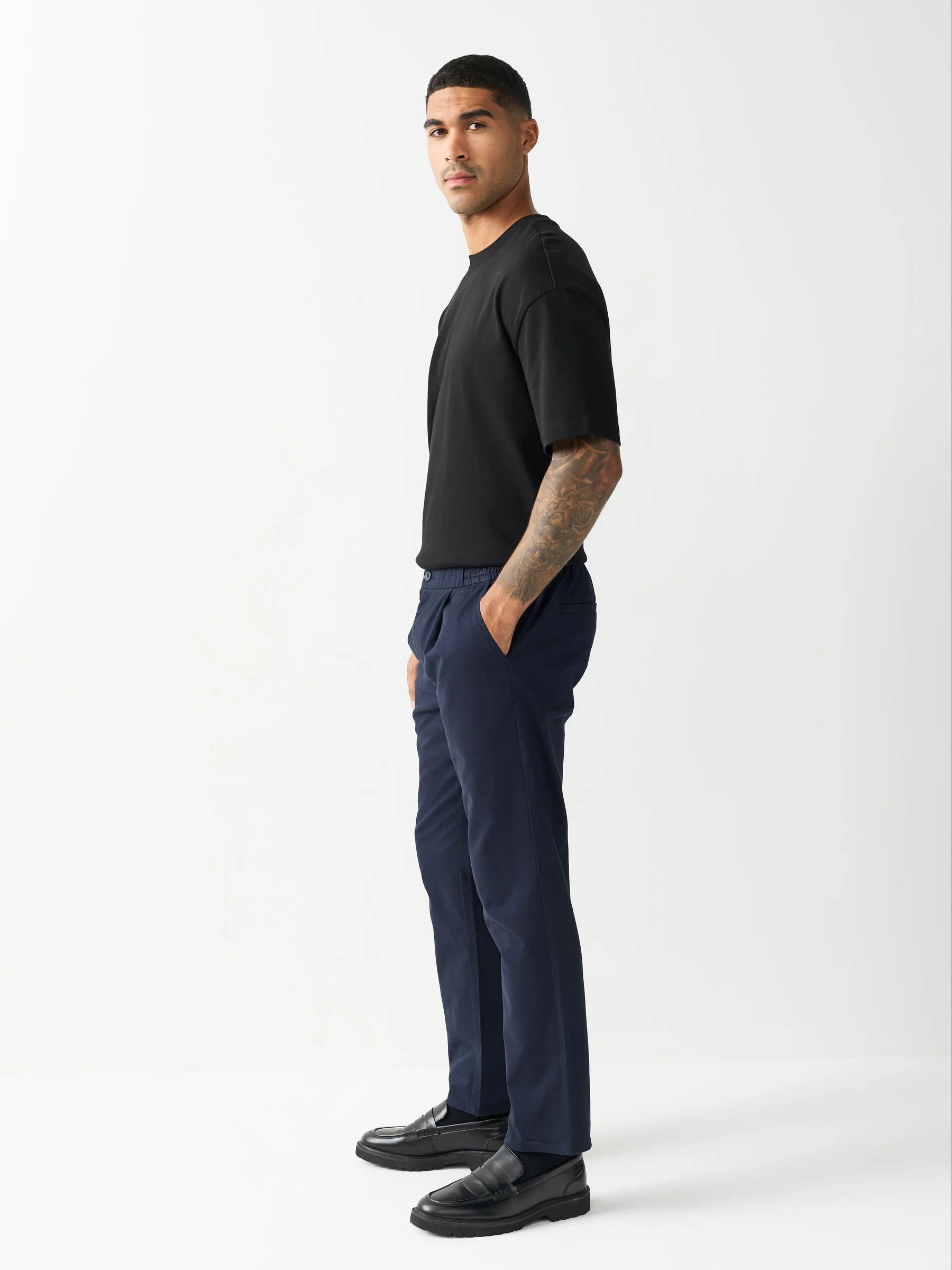 Marineblauw - Slim Fit - Pleated Stretch Chinos Trousers With Elasticated Waist