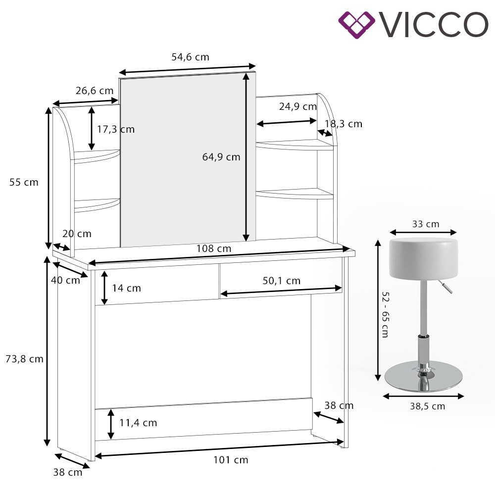 Vicco Schminktisch Charlotte Frisiertisch Kommode Frisierkommode Spiegel Schwarz inklusive Hocker