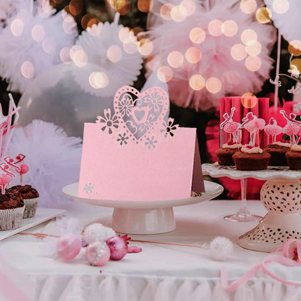 (50er Set) 6x9cm Papier Tischkarten Hochzeits Deko Herz Namens Platzkarten - Rosa
