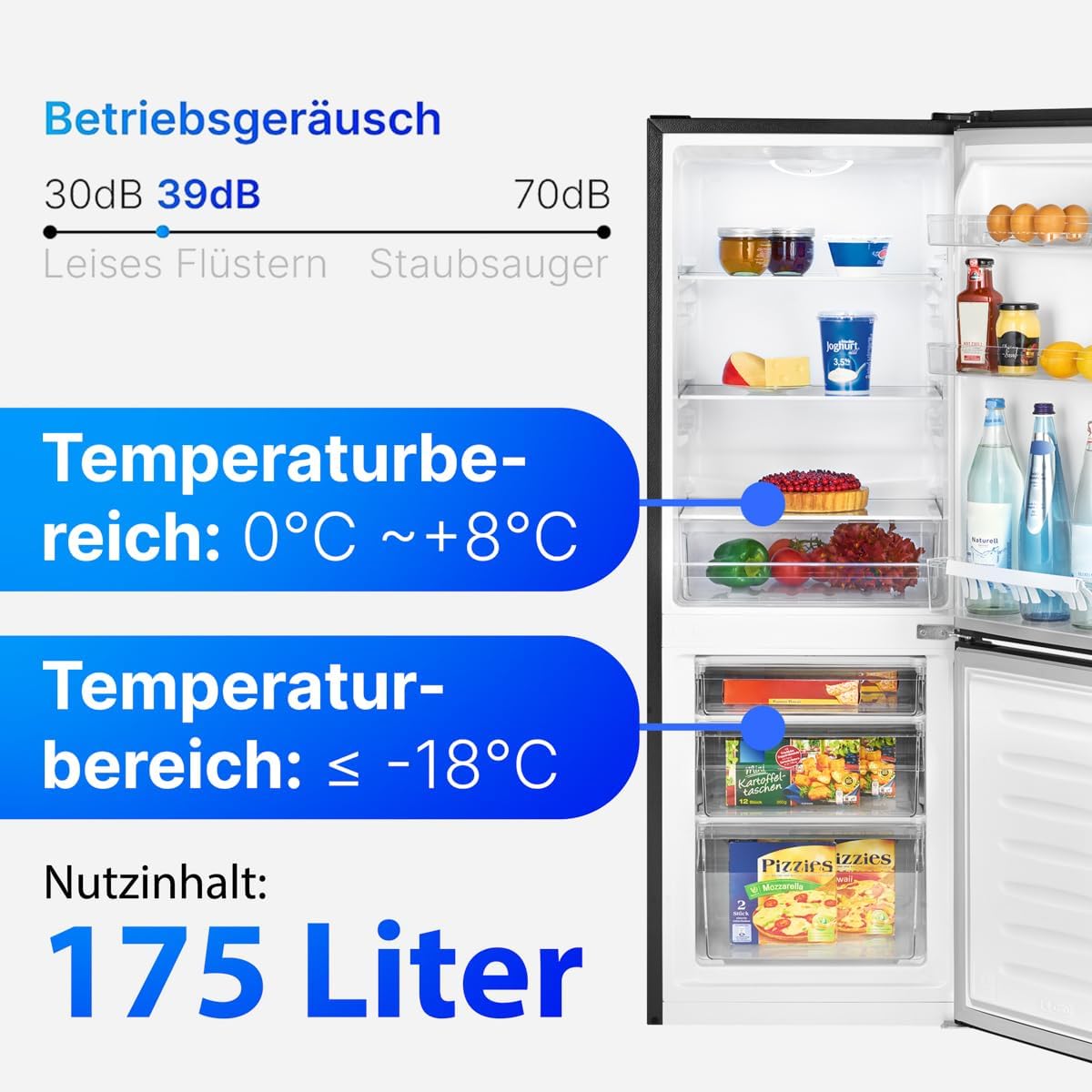 Bomann® Kühlschrank mit Gefrierfach | Energieklasse D | 143cm | Kühl Gefrierkombination leise 39 dB | 3 Ablagen & 3 Schubladen | Türanschlag wechselbar | 175L Kühlgefrierkombi | KG 322.1 schwarz
