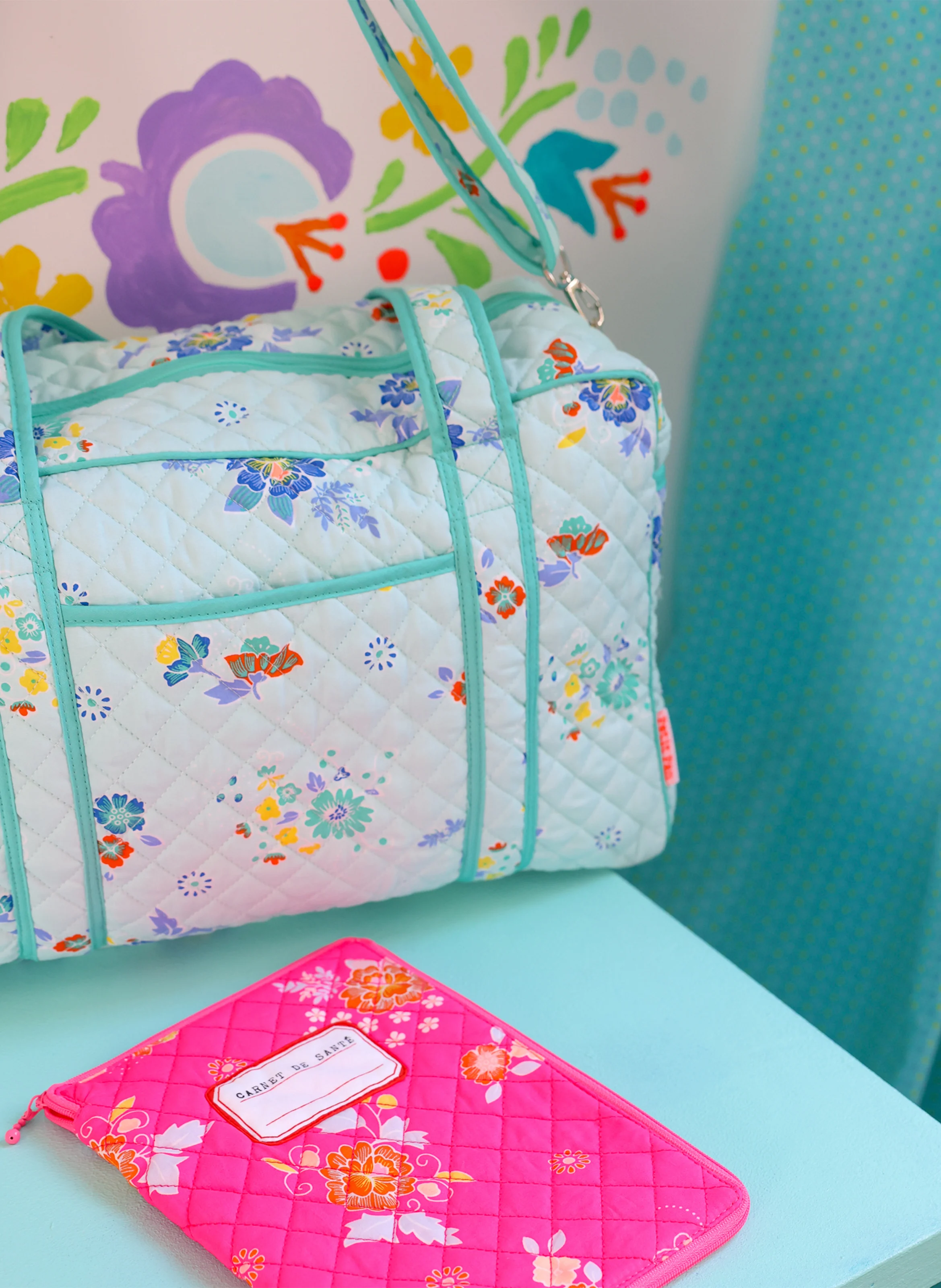 Sac à langer imprimé fleuri en coton| Bleu