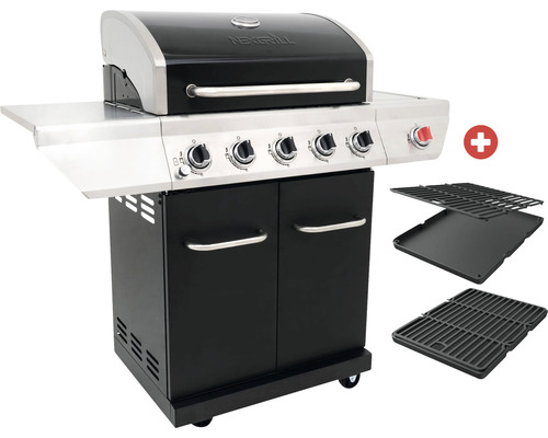 Nexgrill 5-pits gasbarbecue + zijbrander, zwart, inclusief opbergplank, dekselthermometer, geëmailleerde gietijzeren planchaplaat, vetopvangbak, grillpan, grillrooster, krachtige warmtezone, zijplank, warmhoudrek. Geëmailleerd gietijzeren grillrooste