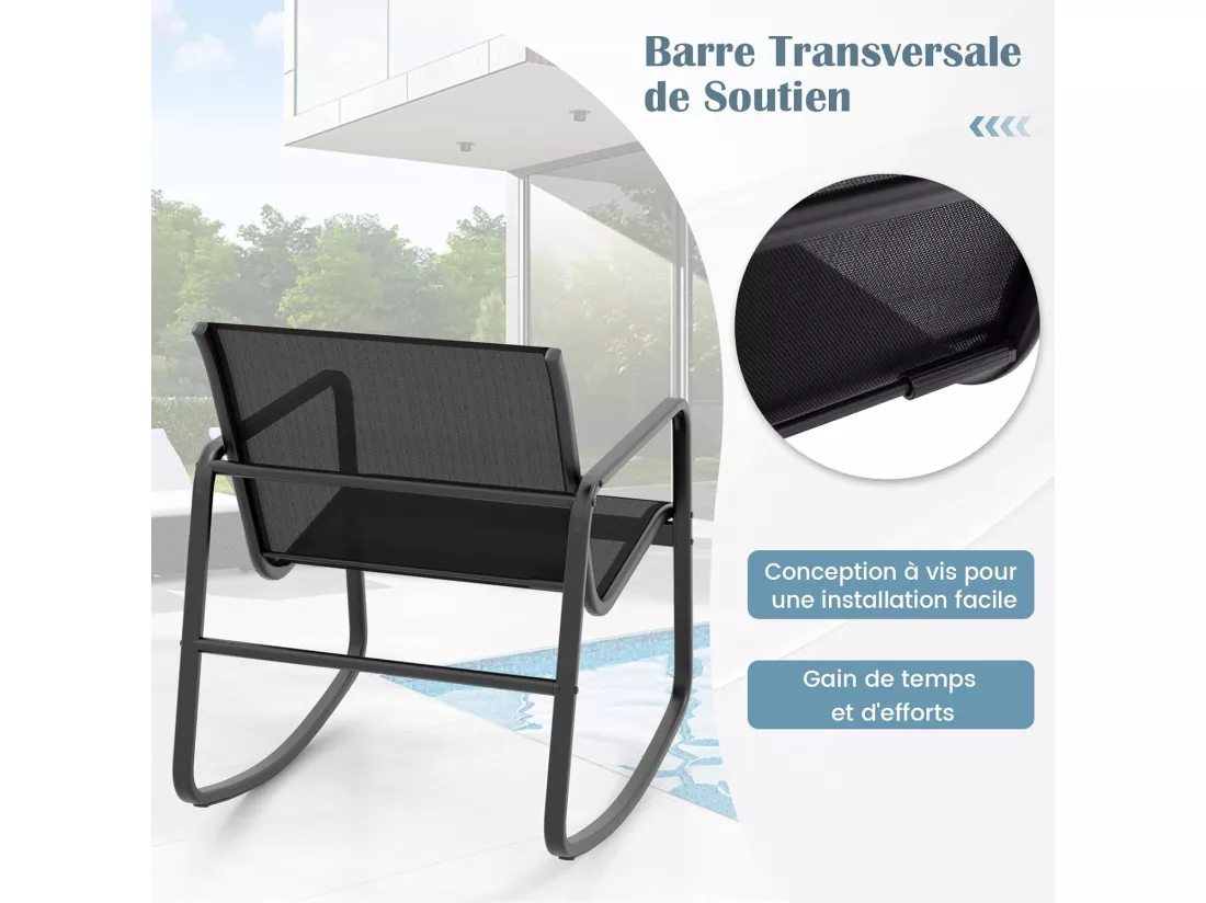 Salon de Jardin 4 Pièces avec Chaises à Bascule Table en Verre et Causeuse, Ensemble de Meuble Extérieur Cadre Métallique Charge 150KG, pour Porche Bord de Piscine Balcon, Noir
