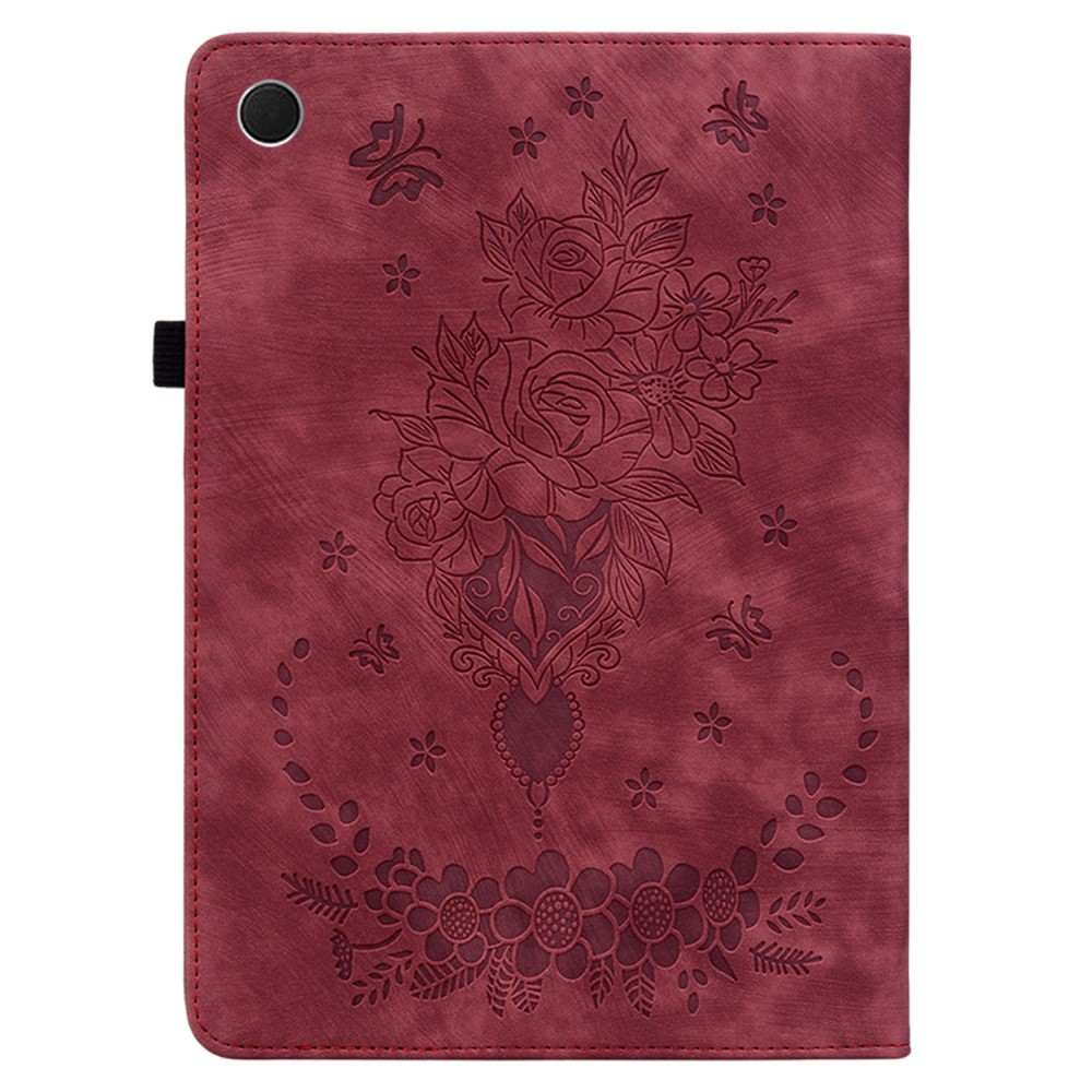 Samsung Galaxy Tab A11 / A9 Leder Tasche Flip Cover Rosen & Schmetterling Imprint - Rot