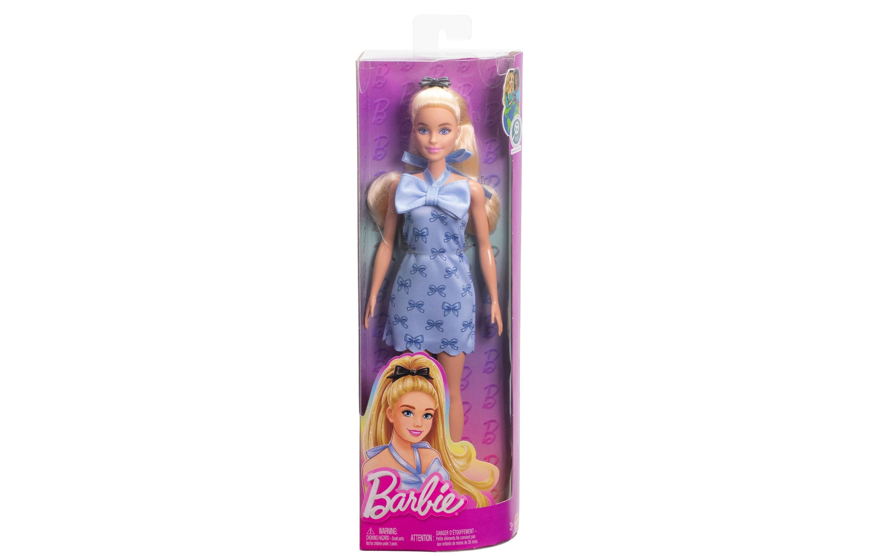Puppe Fashionista Blue BowsFashionistas-Puppe in blauem Neckholderkleid mit Schleife, blondem Haar und einer Haarschleife