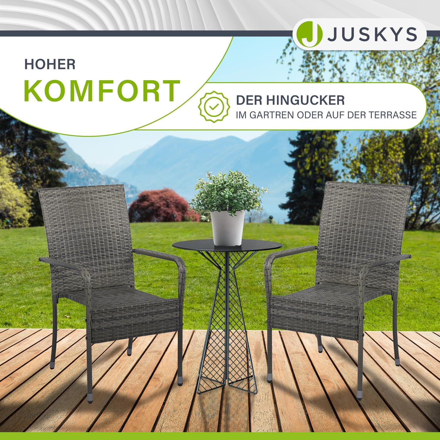 Juskys Polyrattan Gartenstühle Yoro 4er Set mit Armlehnen & Rückenlehne - 4 Stühle stapelbar - Rattan Stuhl Garten - Stapelstuhl Grau-meliert