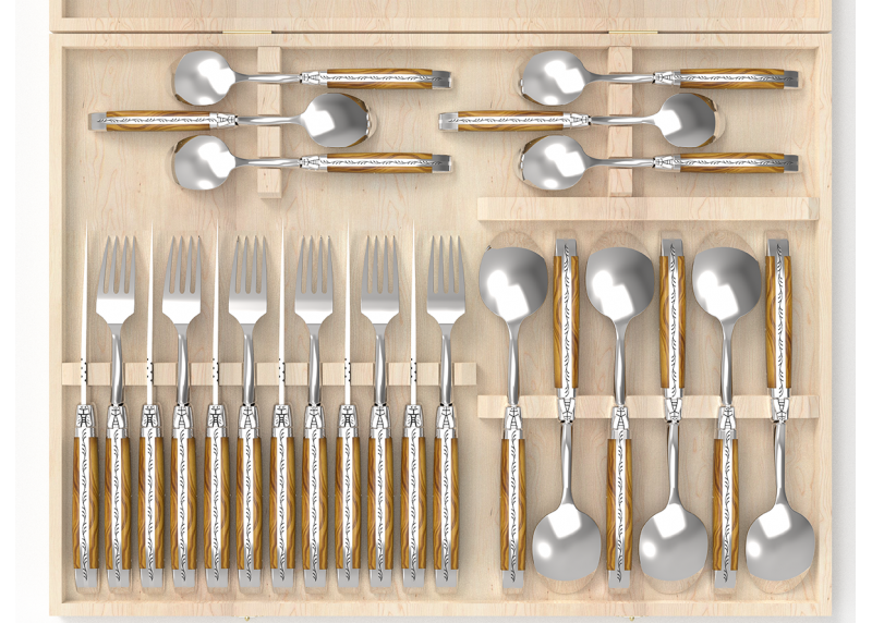 Service Laguiole de 24 pièces avec un manche en bois d'olivier et mitres en acier inoxydable