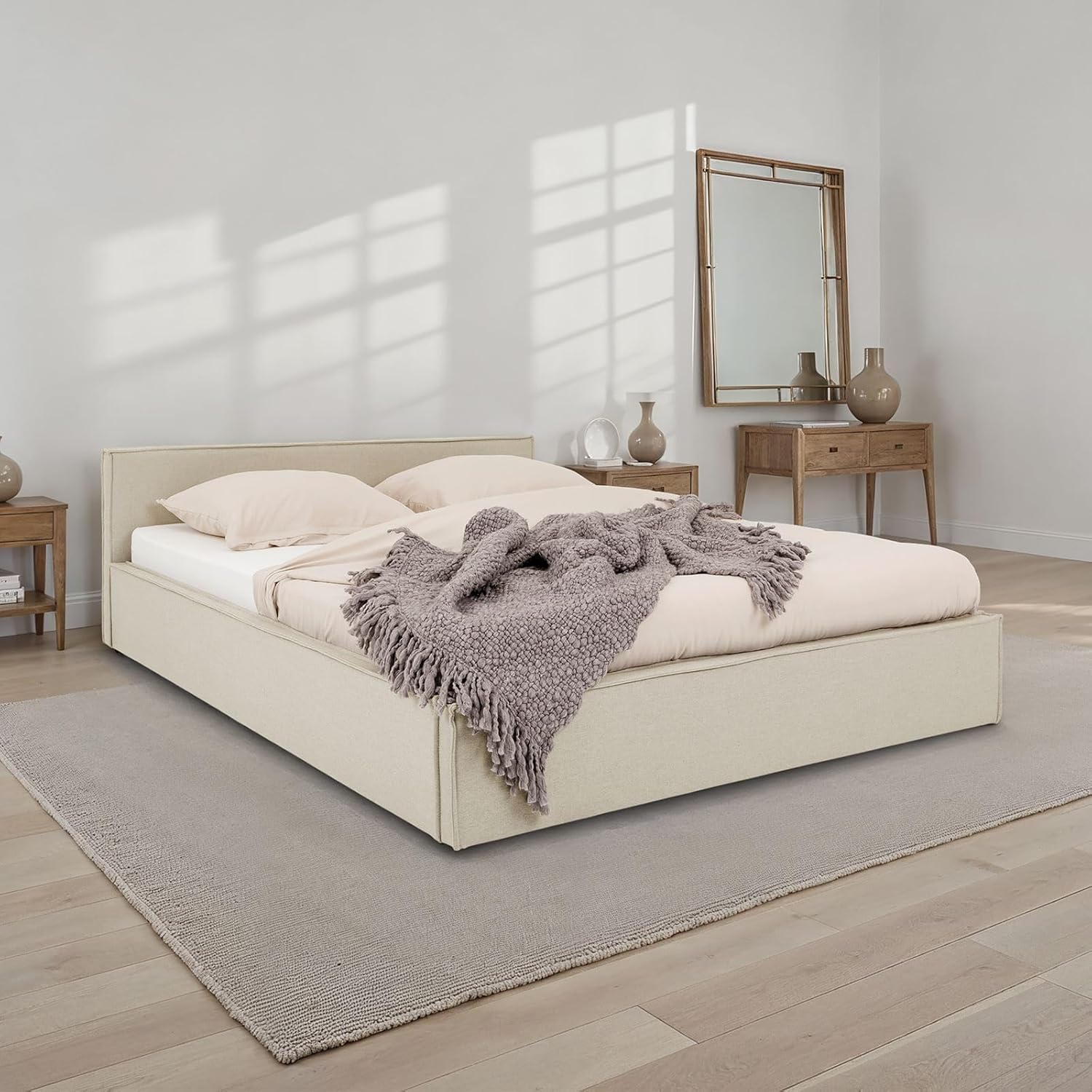 IDIMEX Polsterbett Pesaro 140x200 cm, Beige – Bettgestell inkl. Lattenrost, strapazierfähiger Stoffbezug in Leinen-Optik, modernes Doppelbett mit Kopfteil für Schlafzimmer